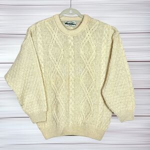 Aran Crafts Ireland Men's Cream Cable Knit Merino Wool Crew Neck Sweater S